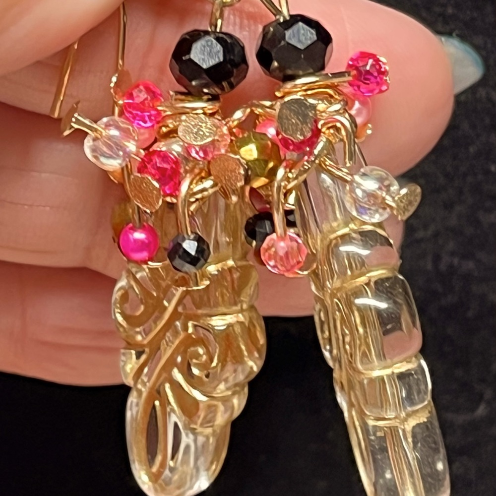 Elegant pink/black and Gold Beaded Earrings
